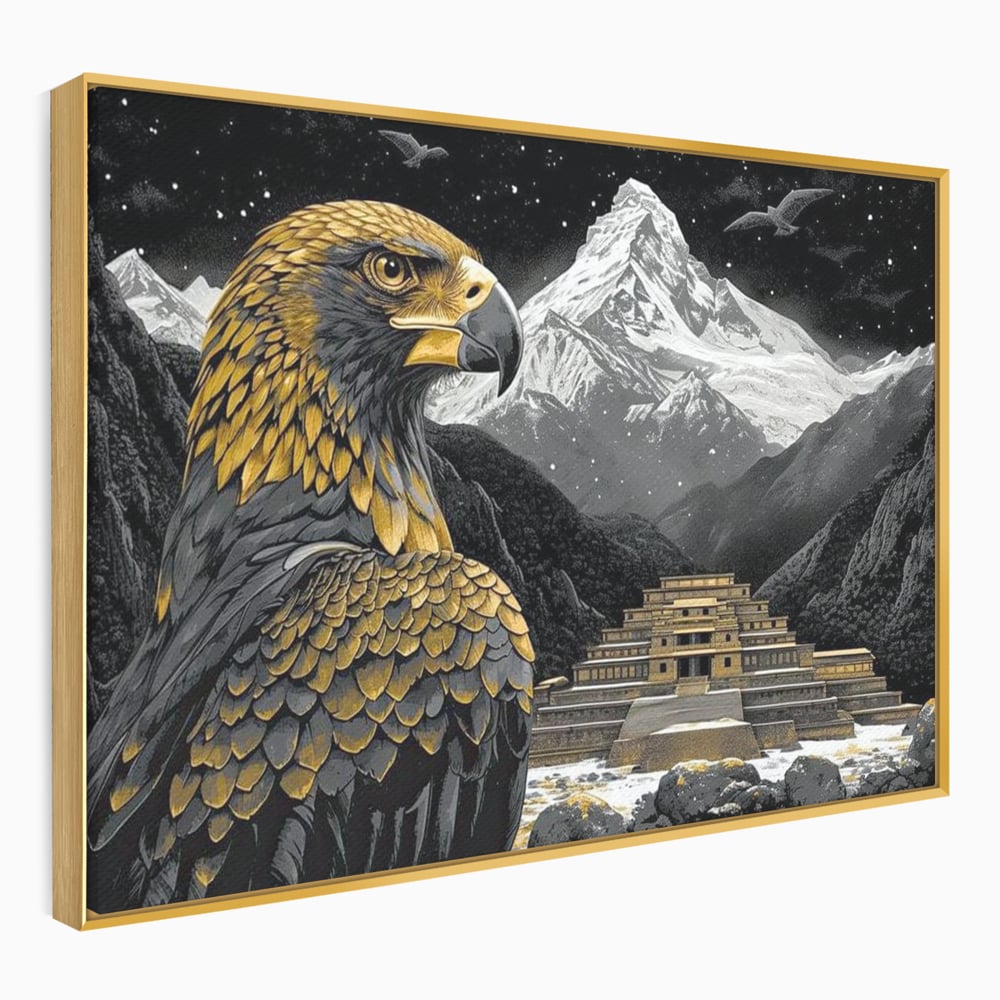Tablou canvas cu tablou canvas cu vultur si templu aztec, in rama de aluminiu auriu